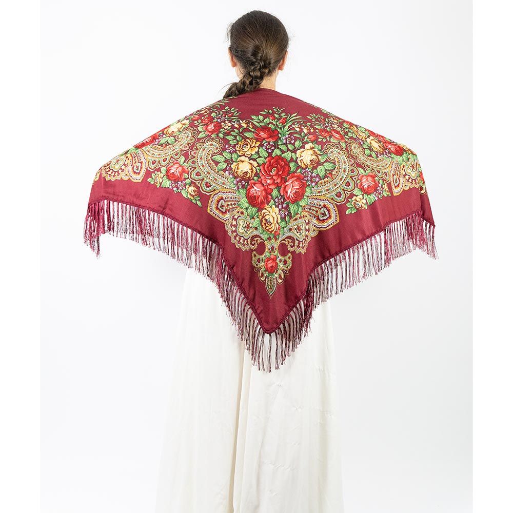 D' Daniela - Traditional Print Shawl - M - Burgundy W/ Gold