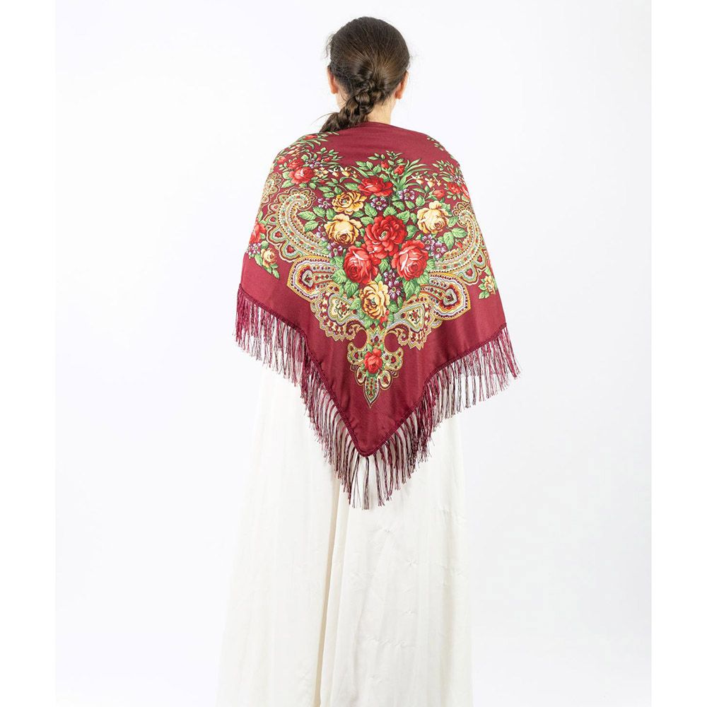 D' Daniela - Traditional Print Shawl - M - Burgundy W/ Gold