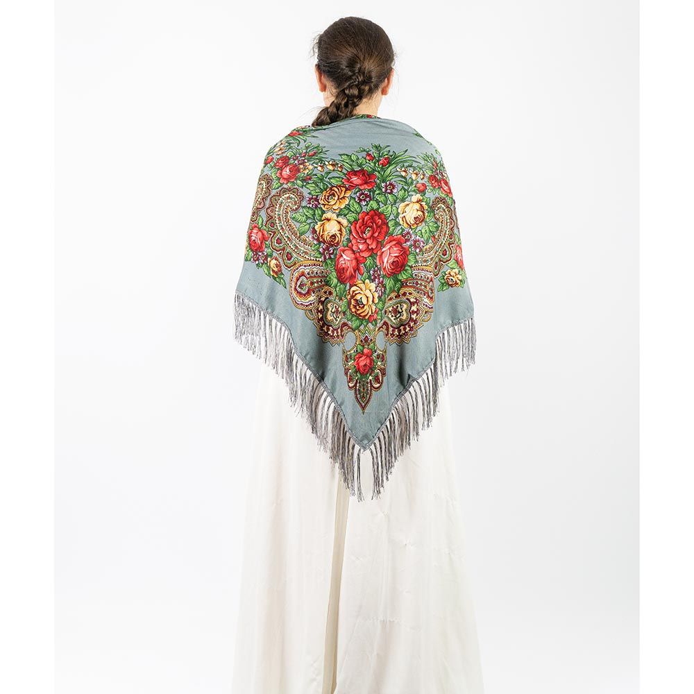 D' Daniela - Traditional Print Shawl - M - Grey W/ Gold