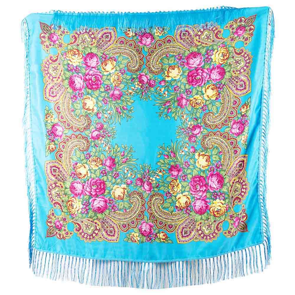 D' Daniela - Traditional Print Shawl - M - Light Blue W/ Gold