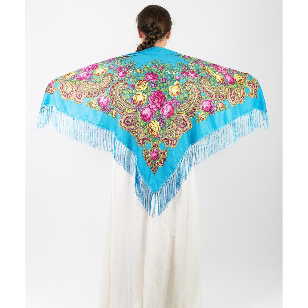 D' Daniela - Traditional Print Shawl - M - Light Blue W/ Gold