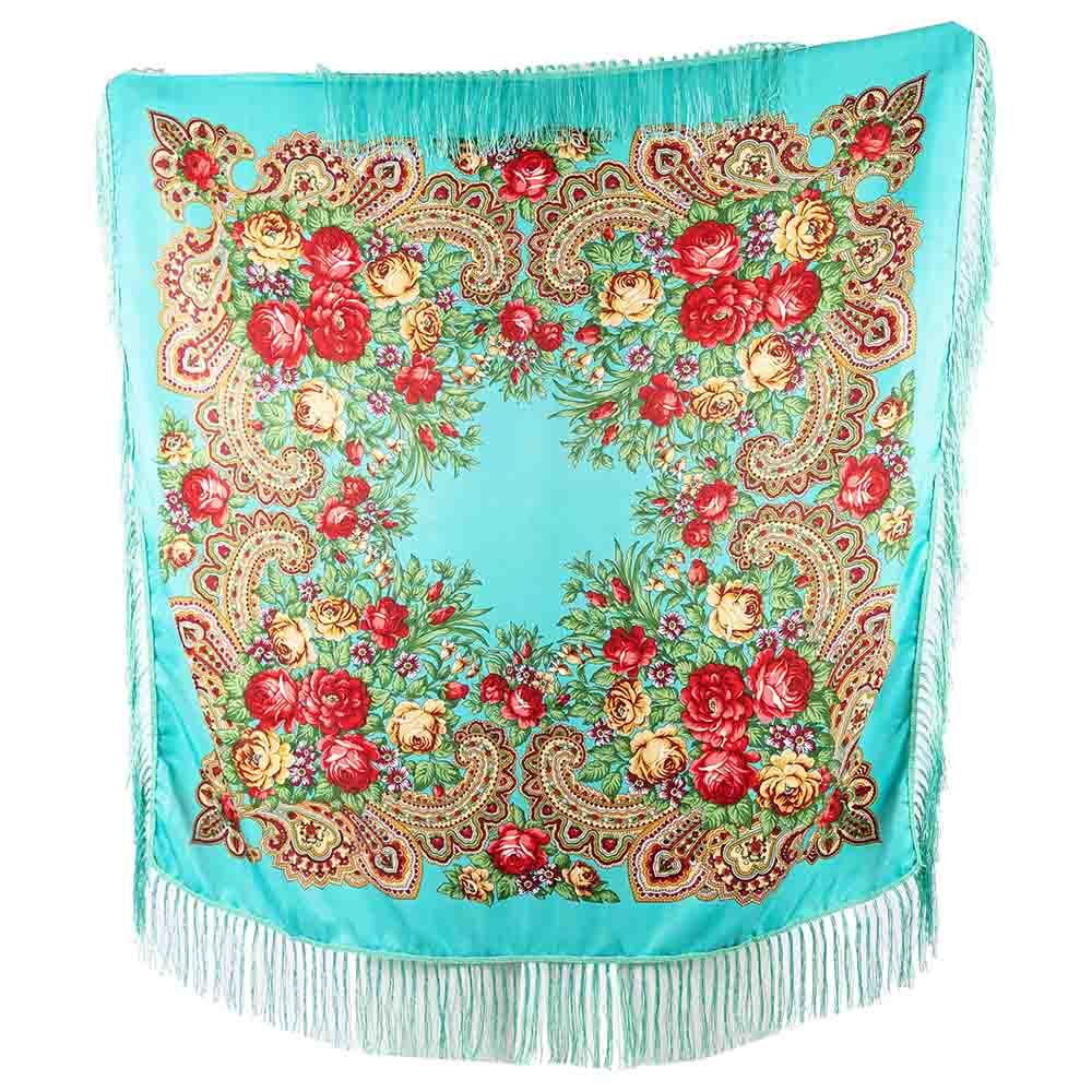 D' Daniela - Traditional Print Shawl - M - Turquoise W/ Gold