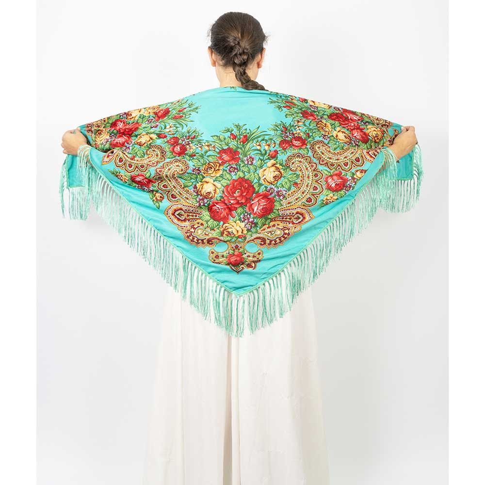 D' Daniela - Traditional Print Shawl - M - Turquoise W/ Gold