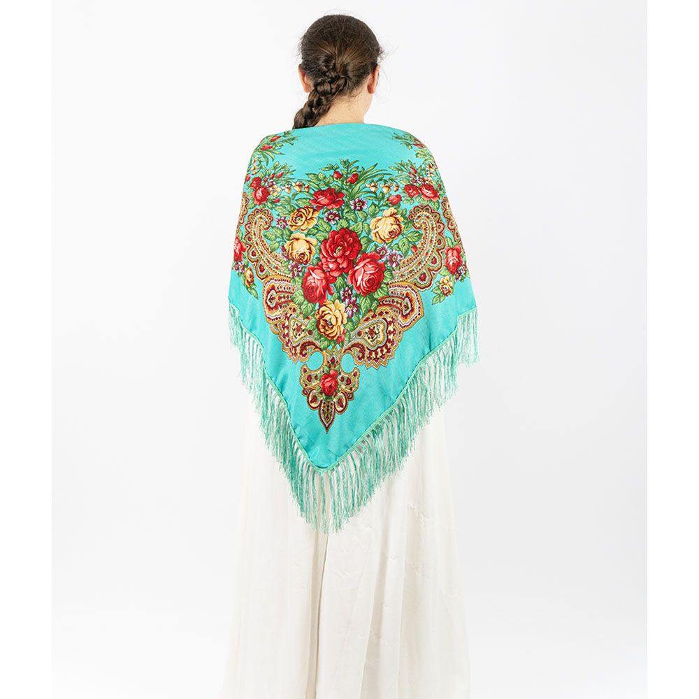 D' Daniela - Traditional Print Shawl - M - Turquoise W/ Gold