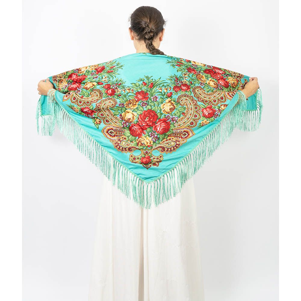 D' Daniela - Traditional Print Shawl - L - Turquoise W/ Gold