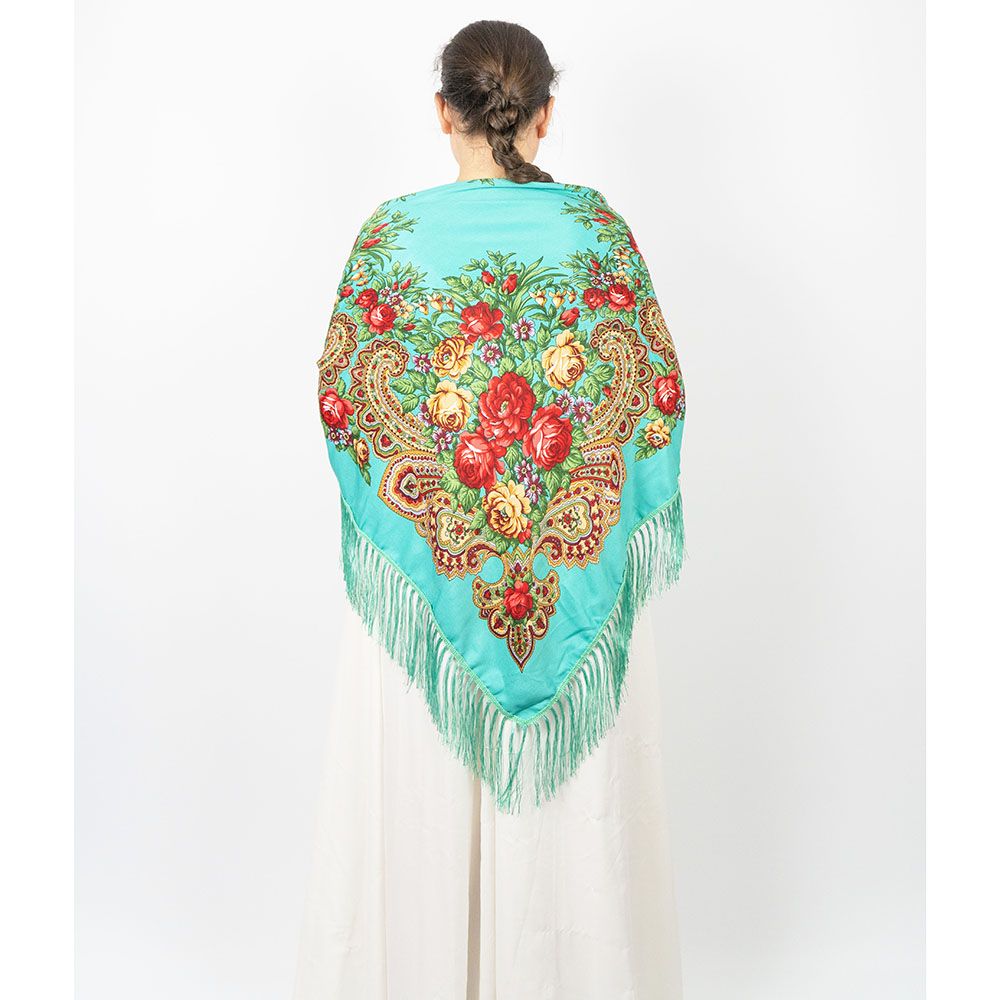 D' Daniela - Traditional Print Shawl - L - Turquoise W/ Gold