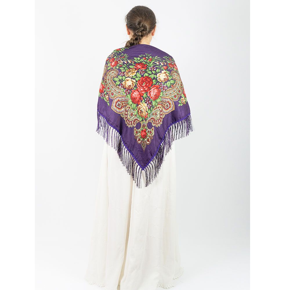 D' Daniela - Traditional Print Shawl - L - Violet W/ Gold