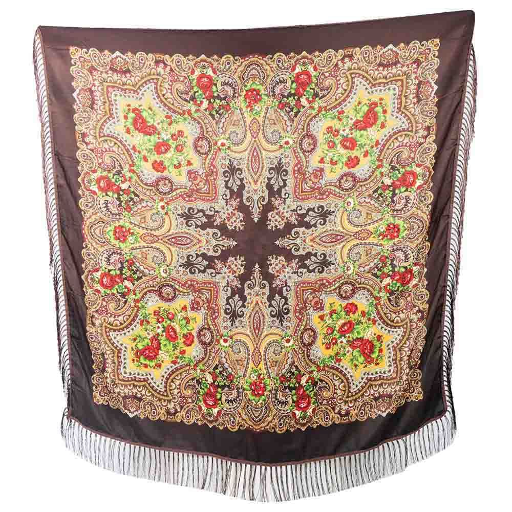 D' Daniela - Traditional Print Shawl - L - Brown W/ Red Flowers