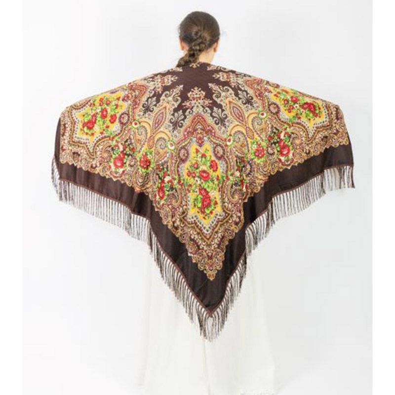 D' Daniela - Traditional Print Shawl - L - Brown W/ Red Flowers