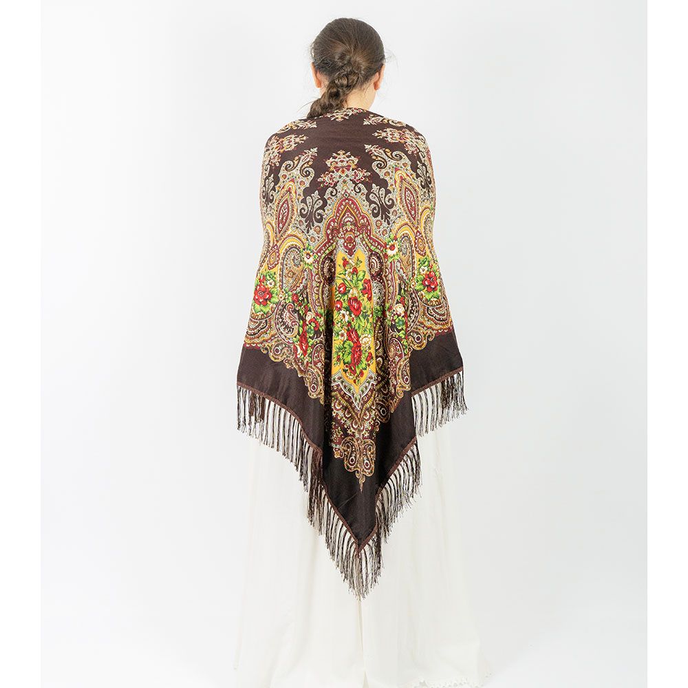 D' Daniela - Traditional Print Shawl - L - Brown W/ Red Flowers