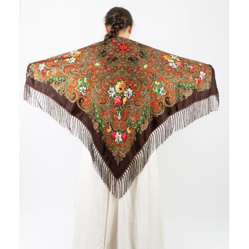 D' Daniela - Traditional Print Shawl - M - Dark Brown W/ Red