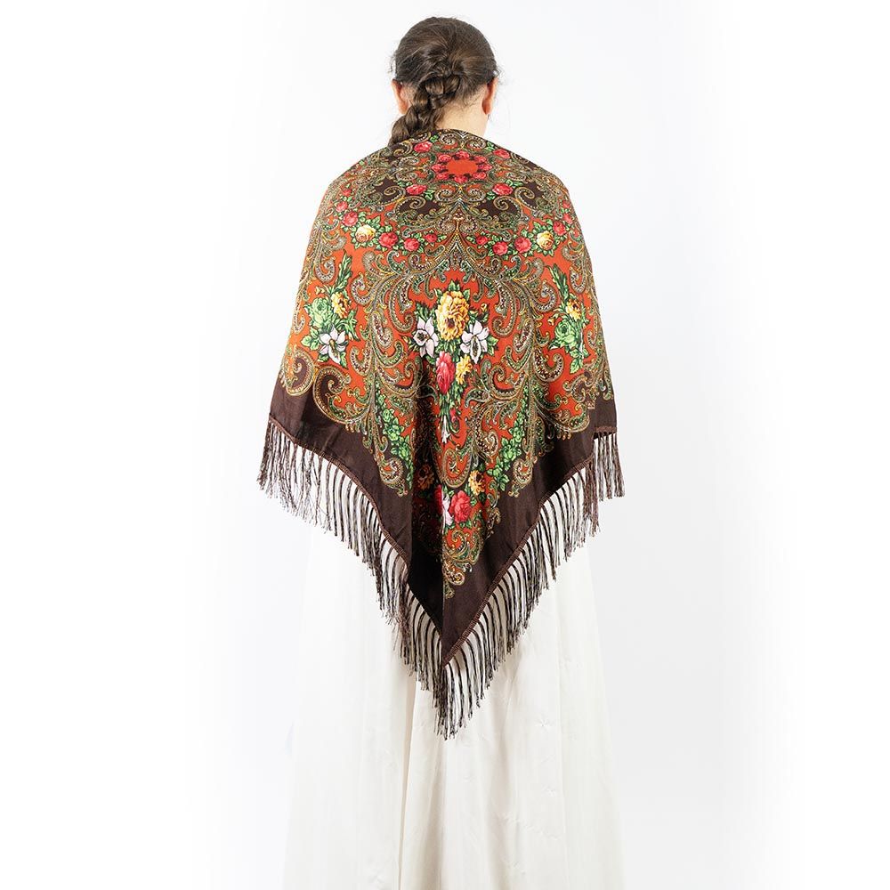 D' Daniela - Traditional Print Shawl - M - Dark Brown W/ Red