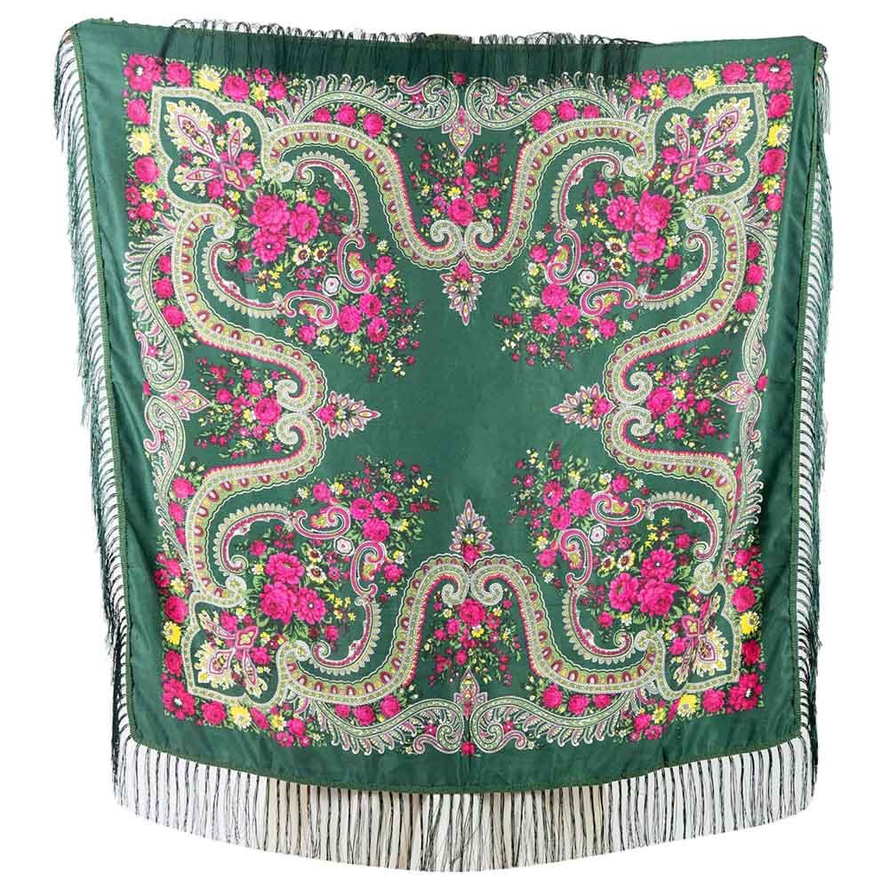 D' Daniela - Traditional Print Shawl - M - Green W/ Pink Flowers