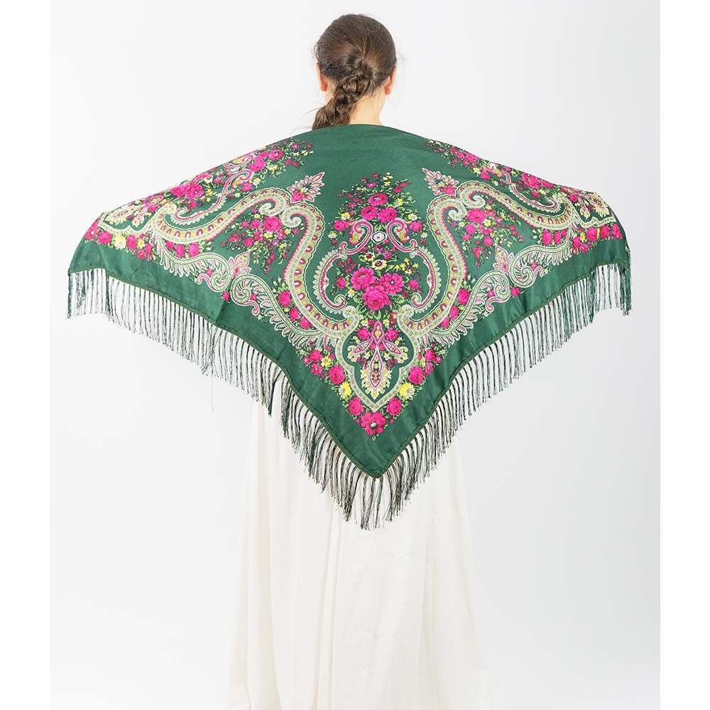 D' Daniela - Traditional Print Shawl - M - Green W/ Pink Flowers