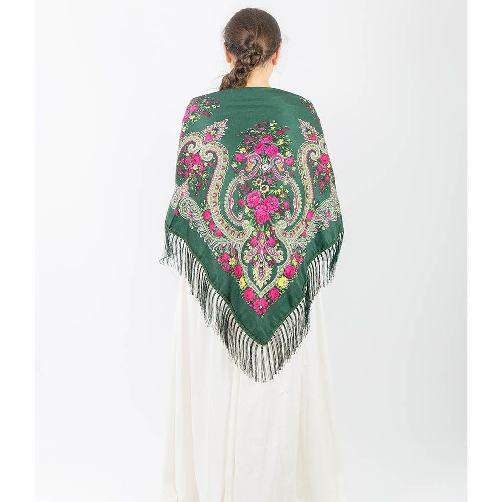 D' Daniela - Traditional Print Shawl - M - Green W/ Pink Flowers