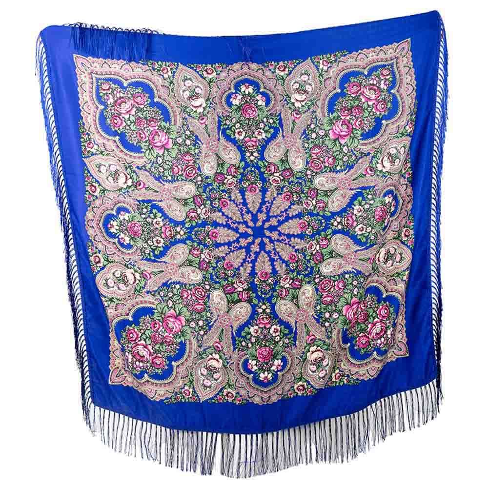 D' Daniela - Traditional Print Shawl - M - Blue W/ Pink Flowers