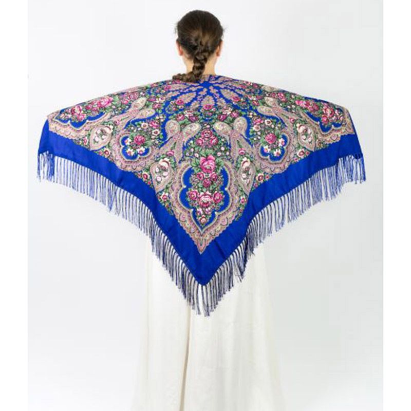 D' Daniela - Traditional Print Shawl - M - Blue W/ Pink Flowers