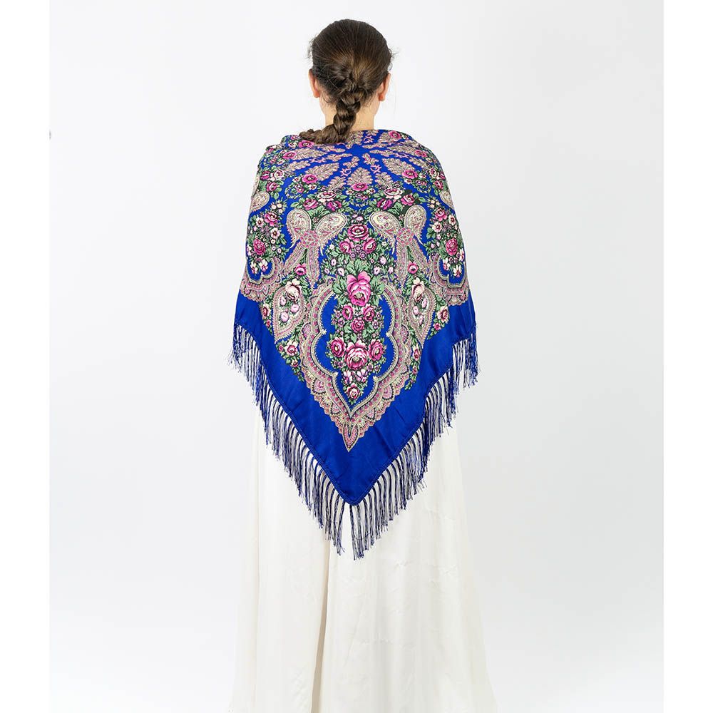 D' Daniela - Traditional Print Shawl - M - Blue W/ Pink Flowers