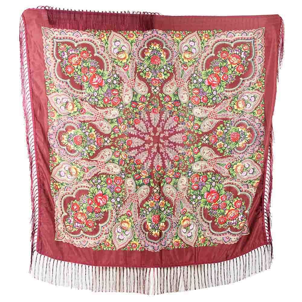 D' Daniela - Traditional Print Shawl - M - Burgundy W/ Red Flowers