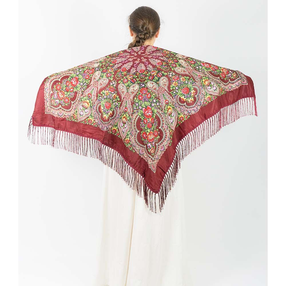 D' Daniela - Traditional Print Shawl - M - Burgundy W/ Red Flowers