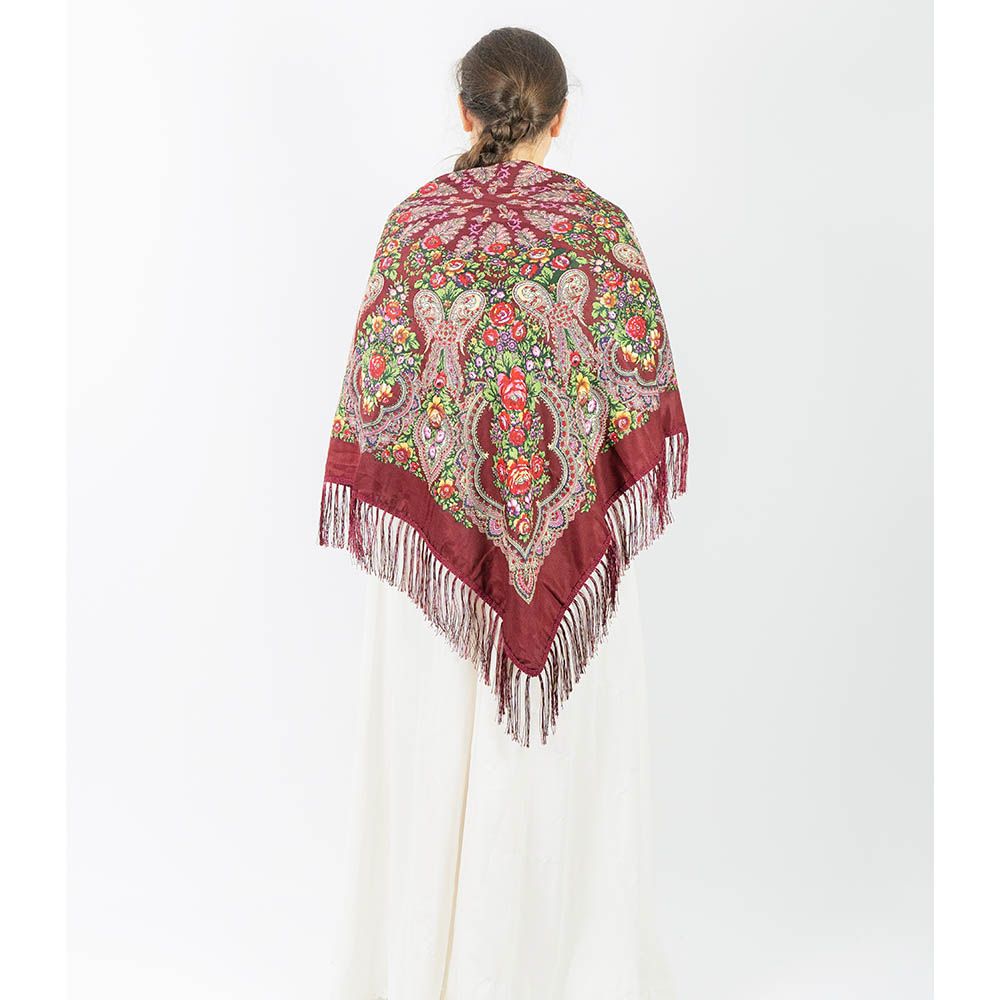 D' Daniela - Traditional Print Shawl - M - Burgundy W/ Red Flowers