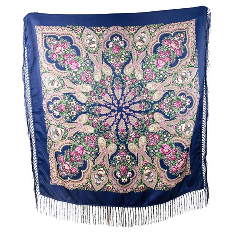 D' Daniela - Traditional Print Shawl - M - Dark Blue W/ Pink