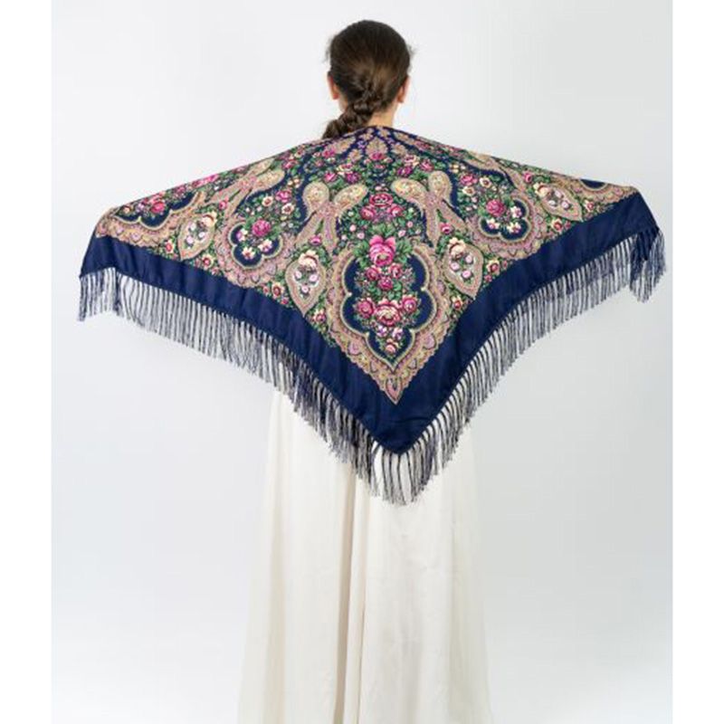 D' Daniela - Traditional Print Shawl - M - Dark Blue W/ Pink