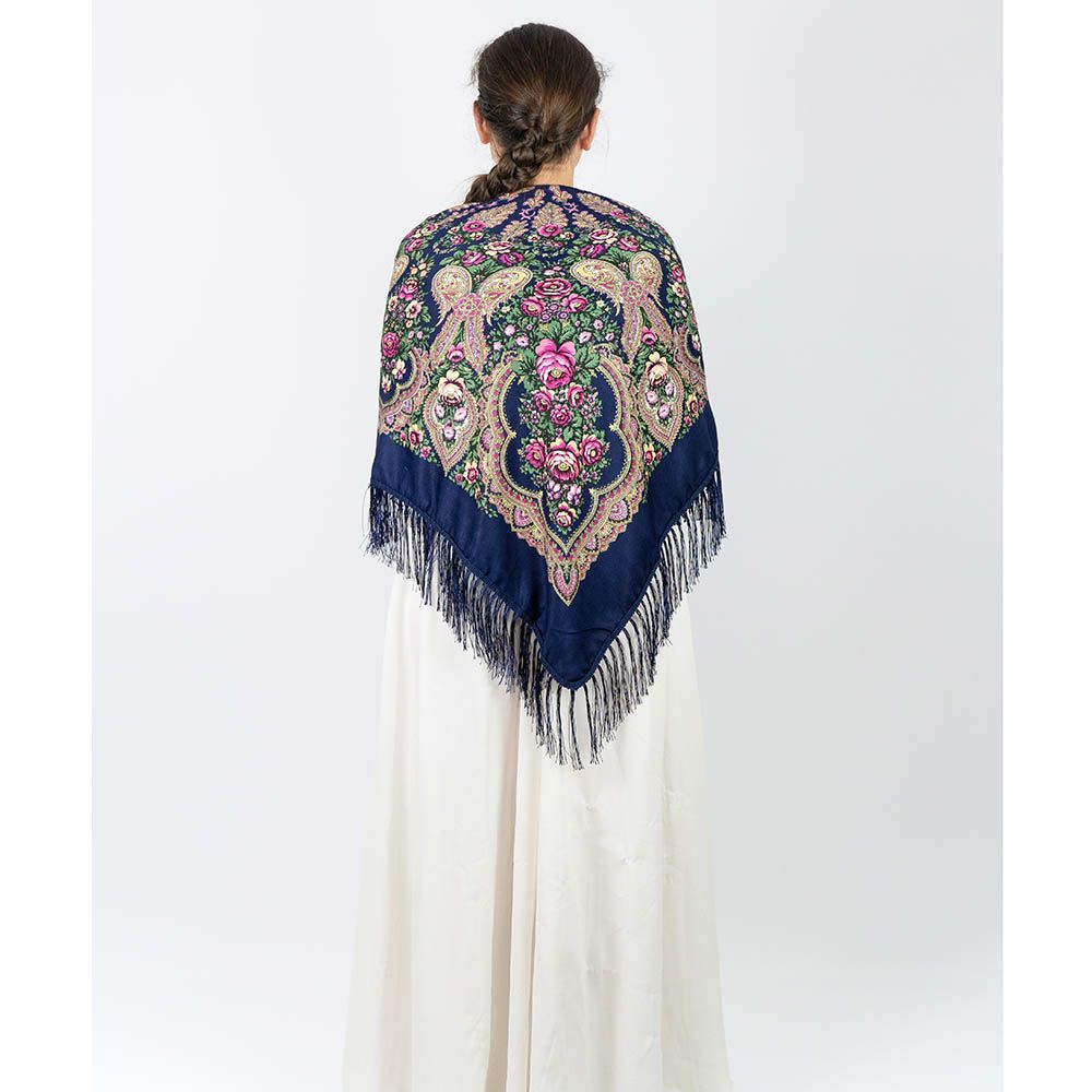 D' Daniela - Traditional Print Shawl - M - Dark Blue W/ Pink