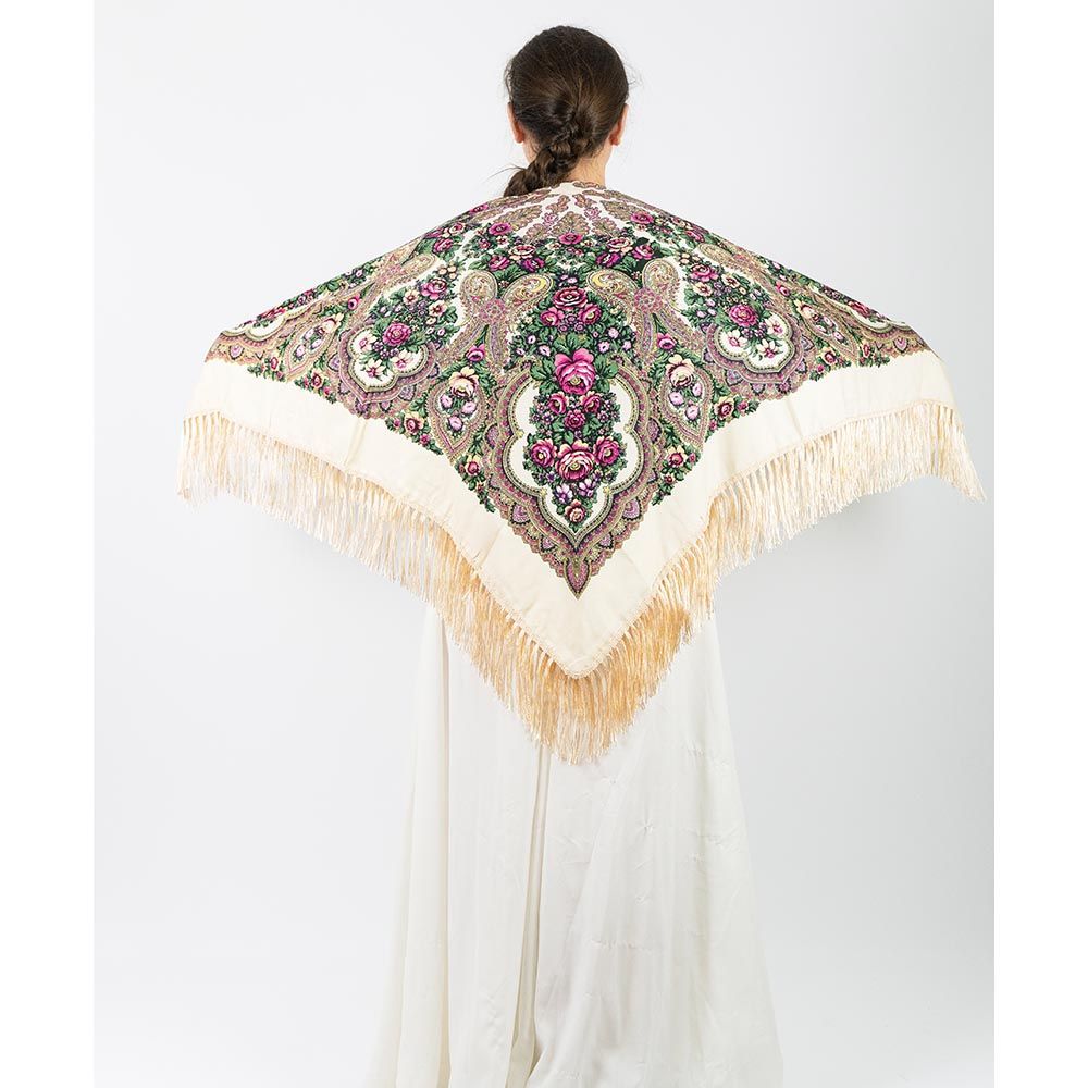 D' Daniela - Traditional Print Shawl - M - Off White W/ Pink