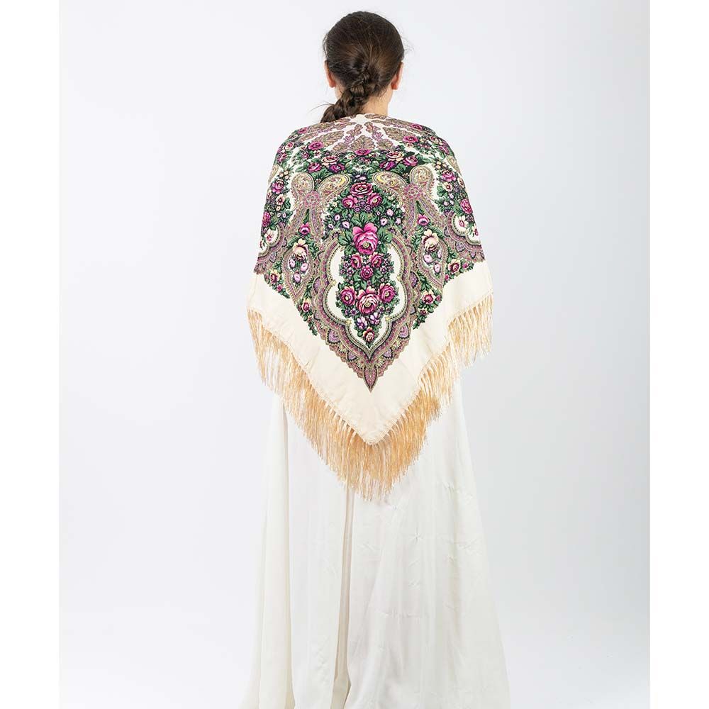 D' Daniela - Traditional Print Shawl - M - Off White W/ Pink