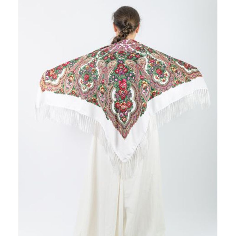 D' Daniela - Traditional Print Shawl - M - White W/ Red Flowers