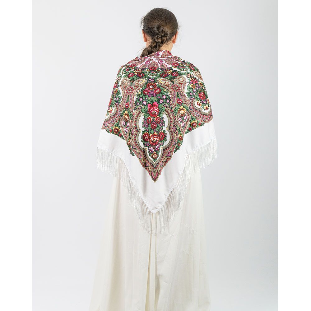 D' Daniela - Traditional Print Shawl - M - White W/ Red Flowers