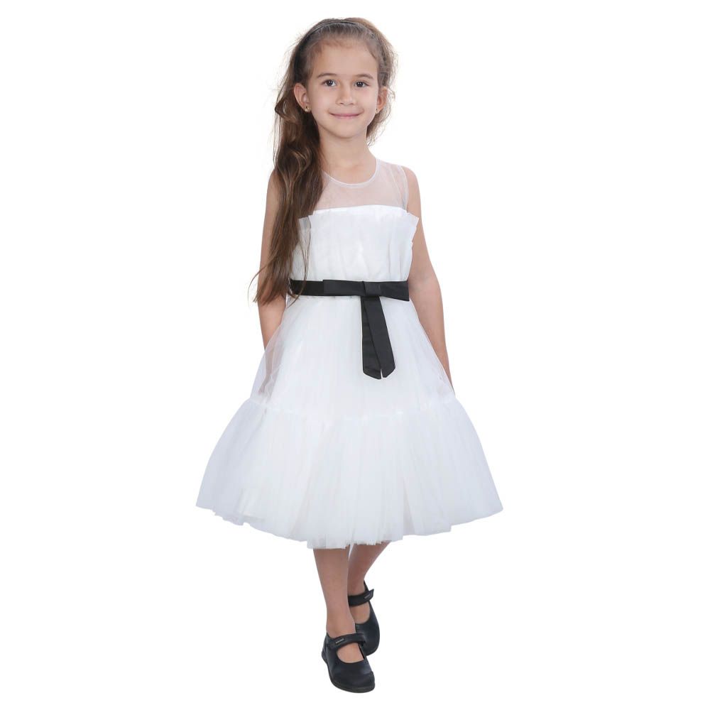 Ddaniela - Girl's Bow Front Mesh Dress W/Black Belt - White