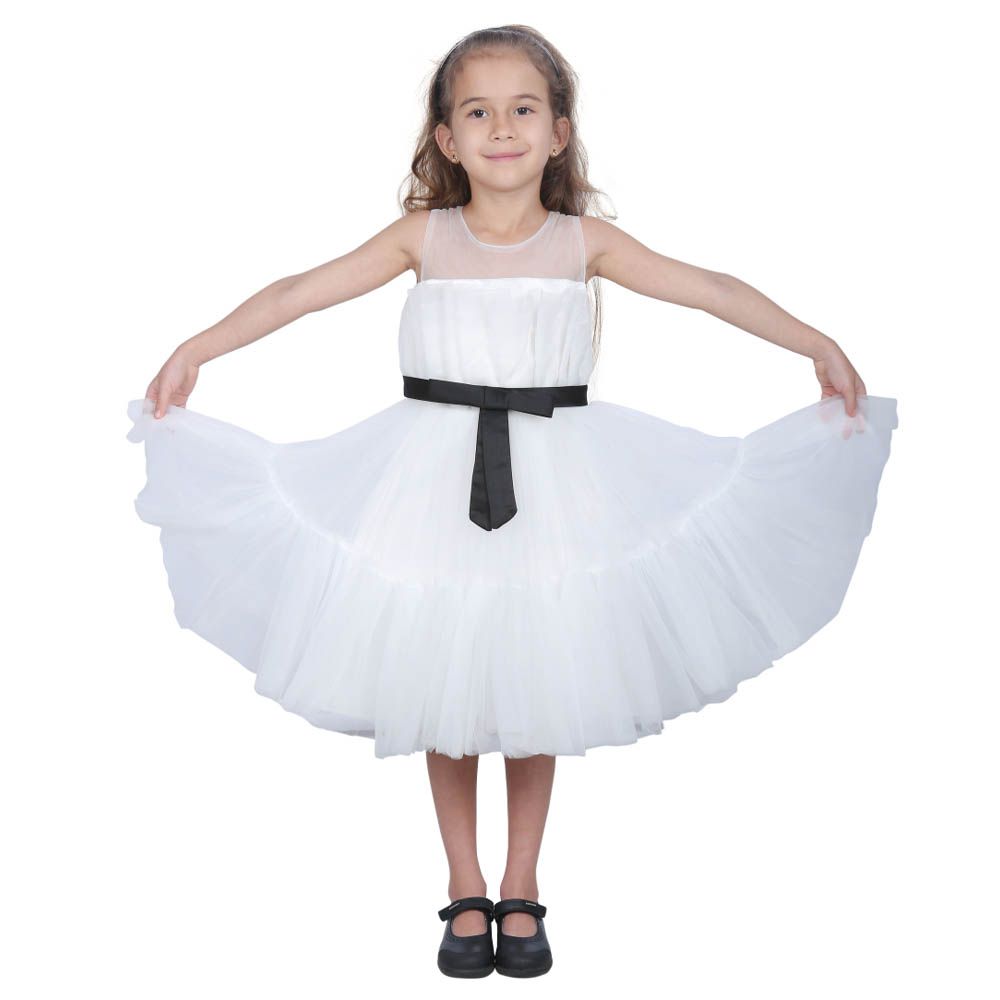 Ddaniela - Girl's Bow Front Mesh Dress W/Black Belt - White