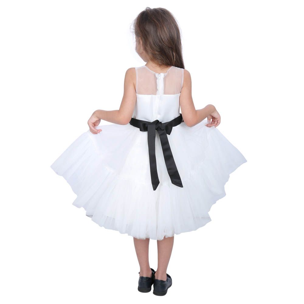 Ddaniela - Girl's Bow Front Mesh Dress W/Black Belt - White