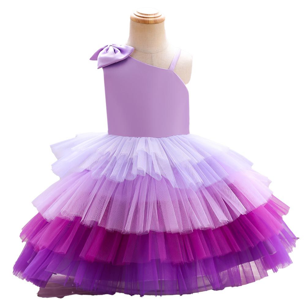 Ddaniela - Girls Bow Front Side Layered Dress - Purple