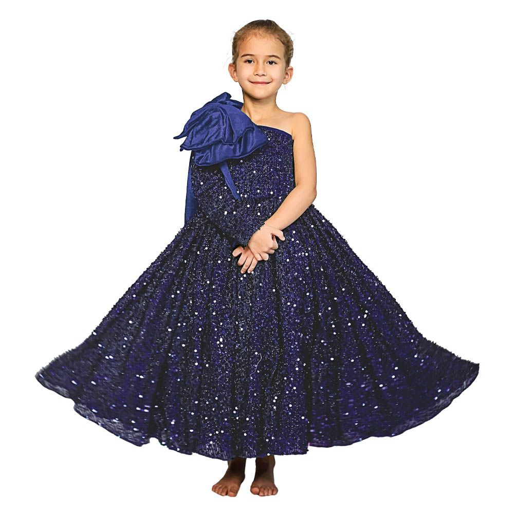 Ddaniela - Girls Heavy Sequins Side Bow Party Dress - Blue