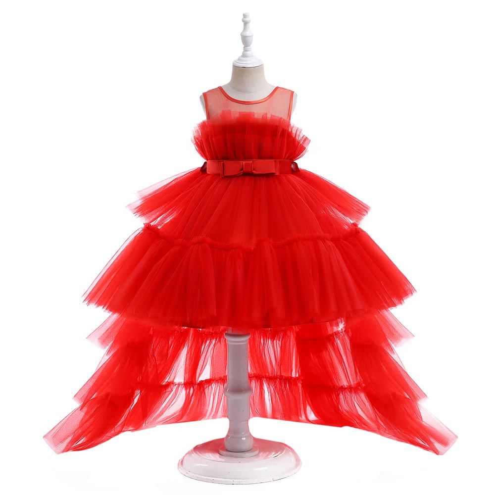 D' Daniela - Ruffle Hem Mesh Gown Dress W/ Long Tail - Red