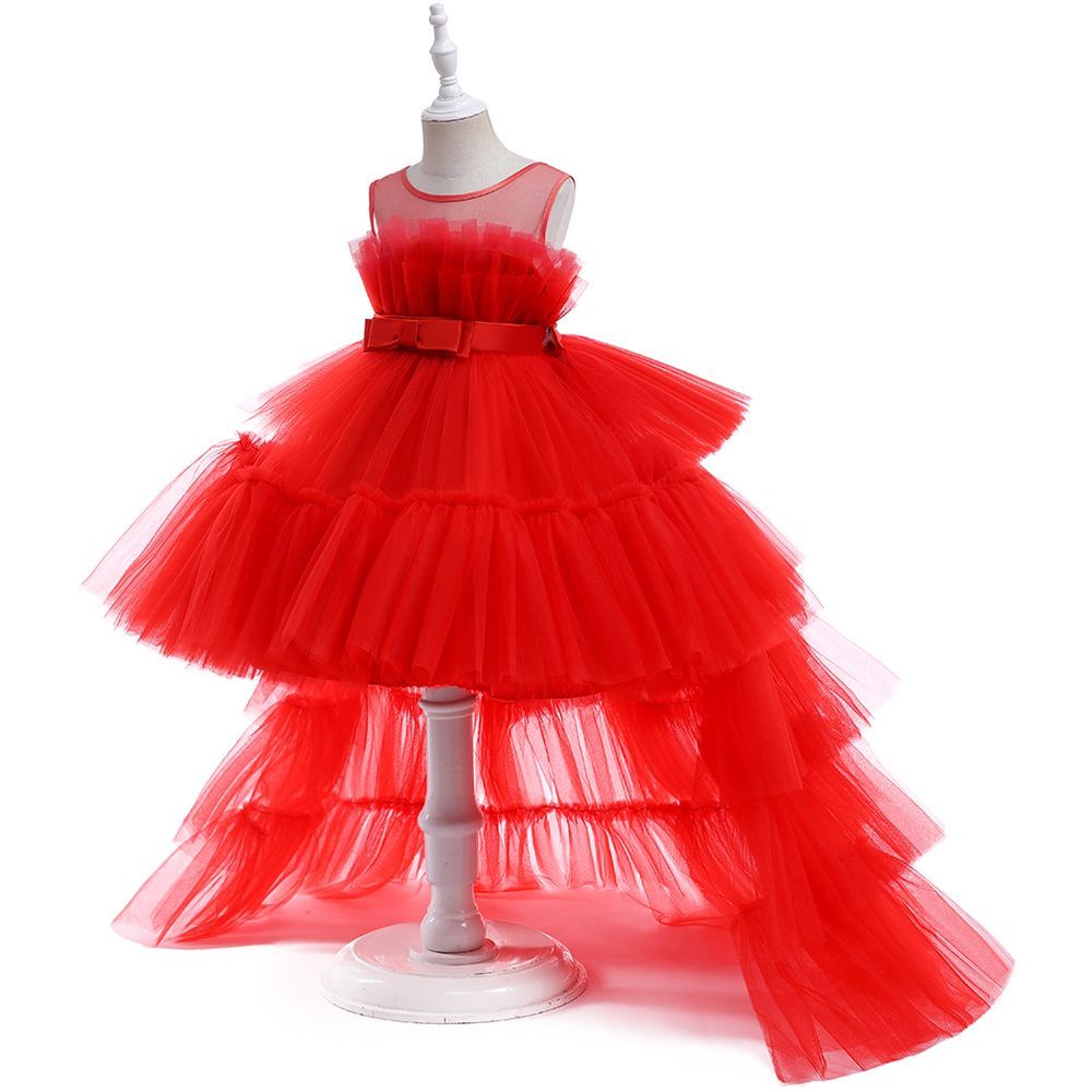 D' Daniela - Ruffle Hem Mesh Gown Dress W/ Long Tail - Red