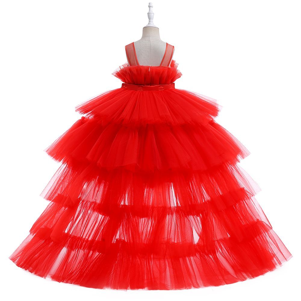 D' Daniela - Ruffle Hem Mesh Gown Dress W/ Long Tail - Red