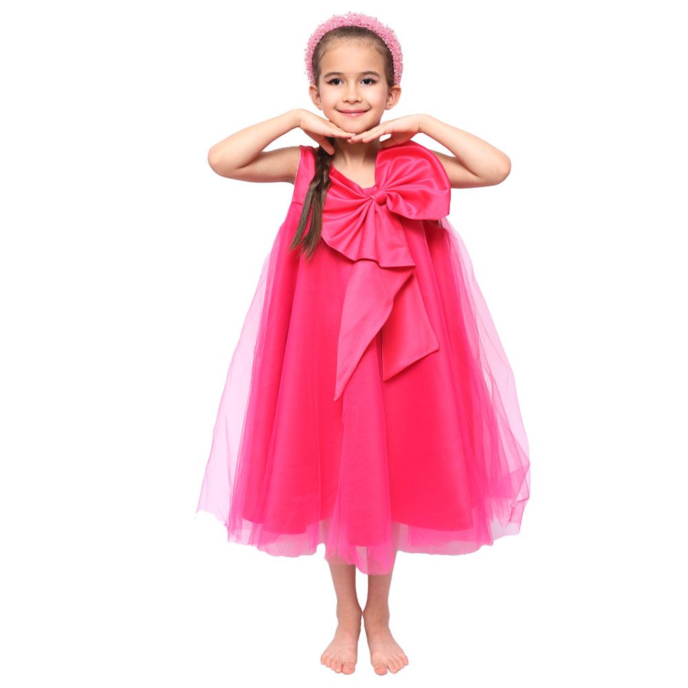 D' Daniela - Girls Front Big Bow Party Dress - Hot Pink