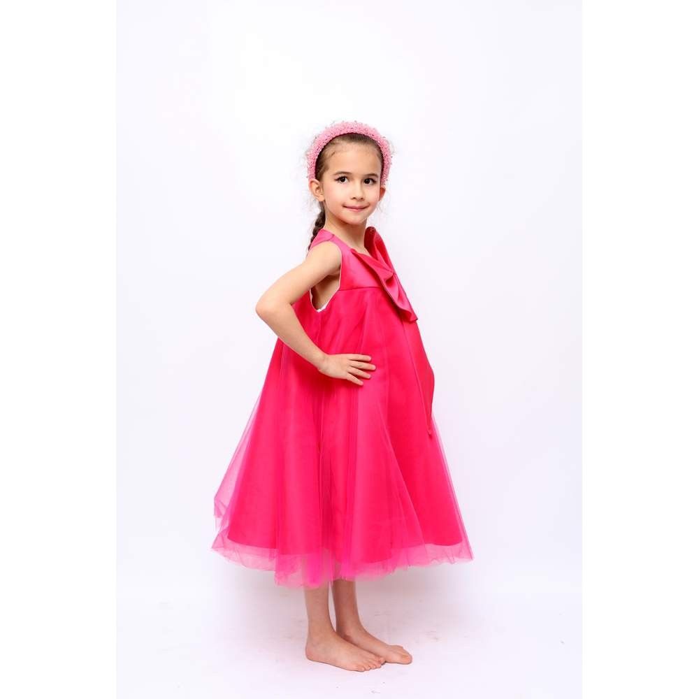 D' Daniela - Girls Front Big Bow Party Dress - Hot Pink