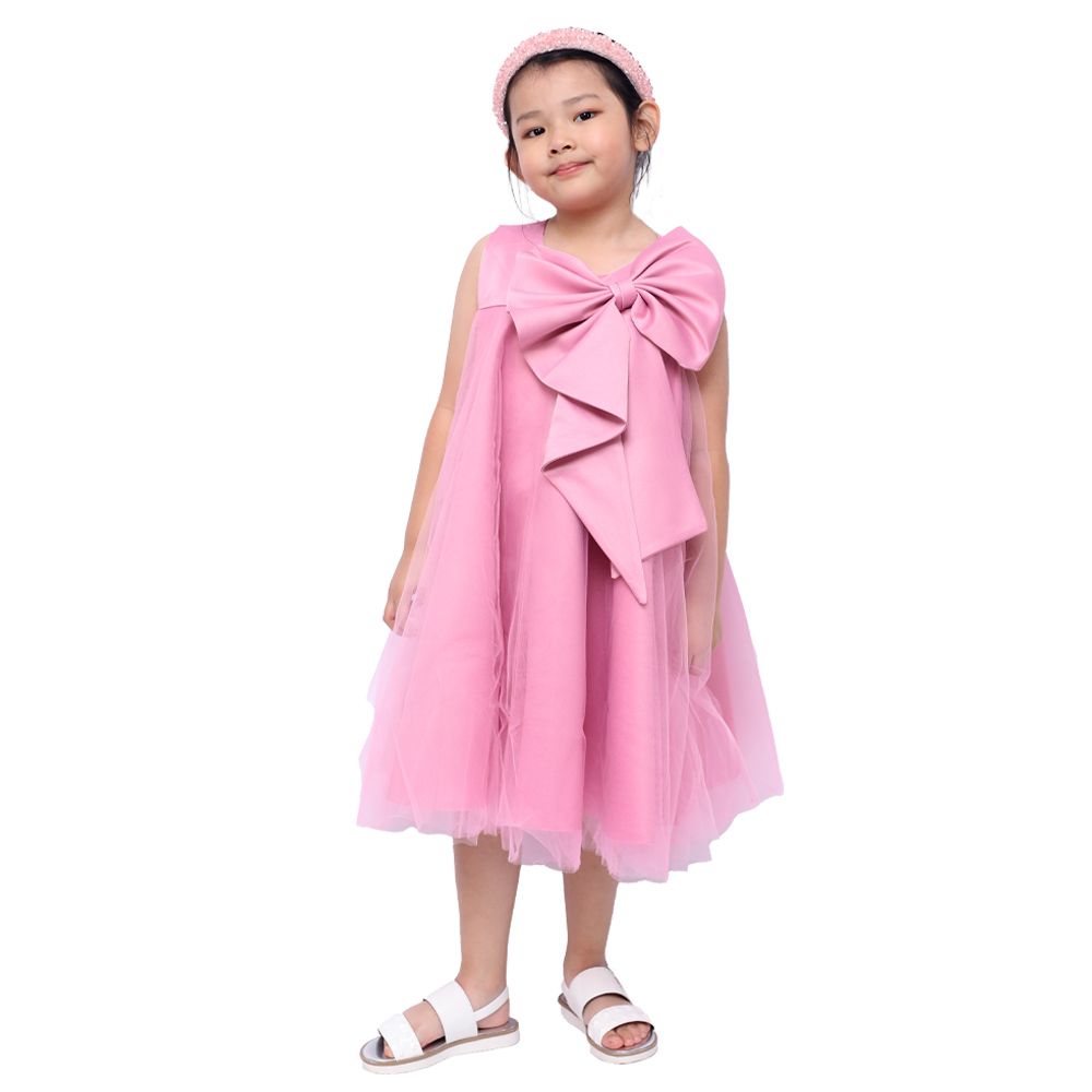 D' Daniela - Girls Front Big Bow Party Dress - Dark Pink