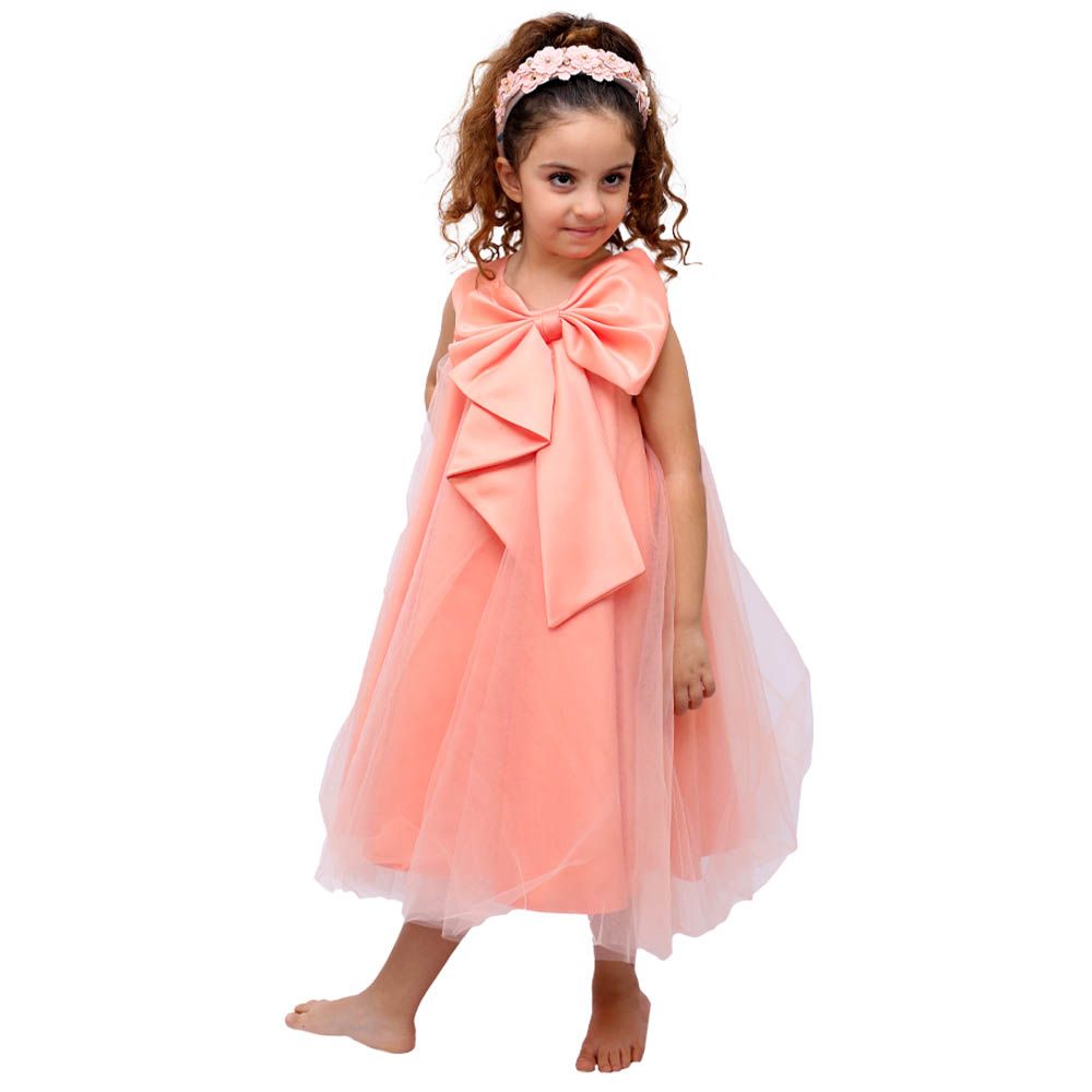 D' Daniela - Girls Front Big Bow Party Dress - Peach