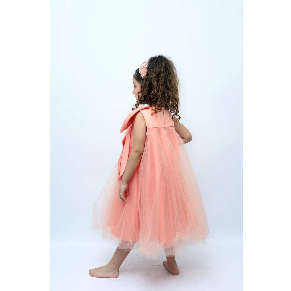 D' Daniela - Girls Front Big Bow Party Dress - Peach