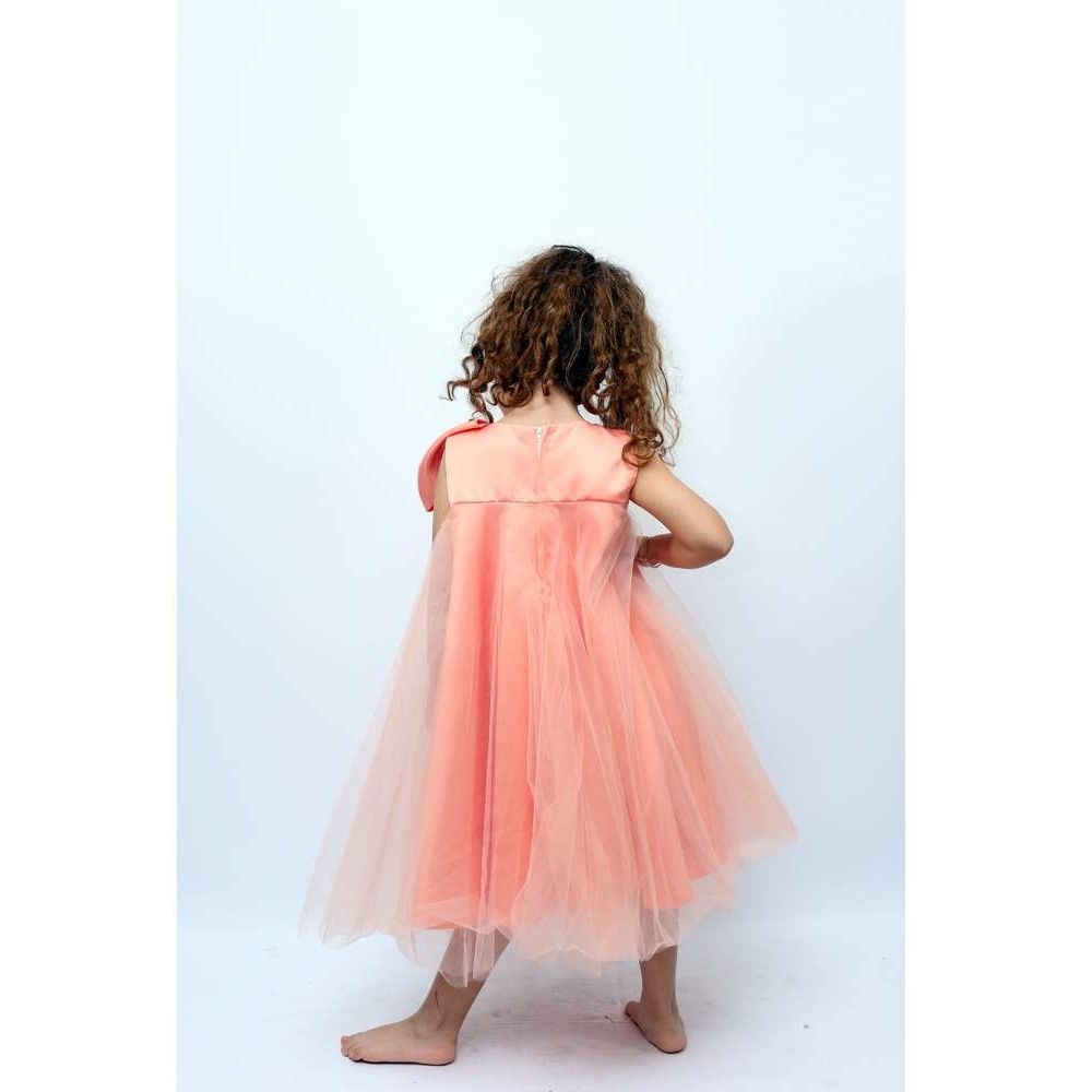 D' Daniela - Girls Front Big Bow Party Dress - Peach