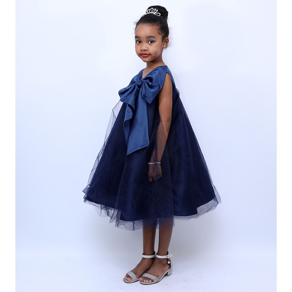 D' Daniela - Big Bow Front Party Dress - Navy Blue