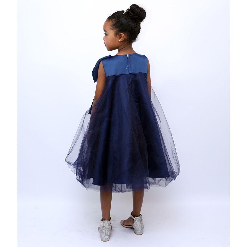 D' Daniela - Big Bow Front Party Dress - Navy Blue