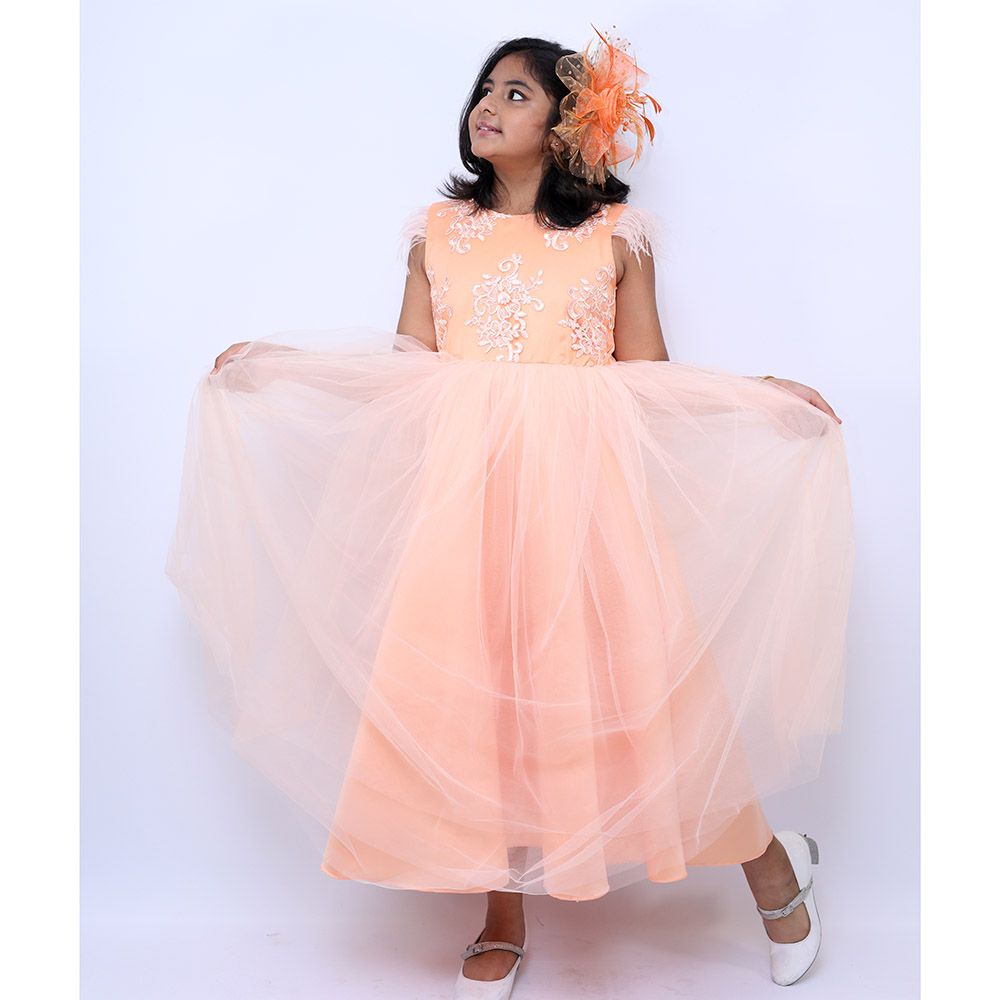 D' Daniela - Long Party Dress w/ Patterns - Peach 12-13Y