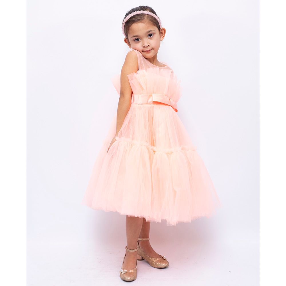 D' Daniela - Girls Bow Front Ruffle Hem Mesh Dress - Peach 